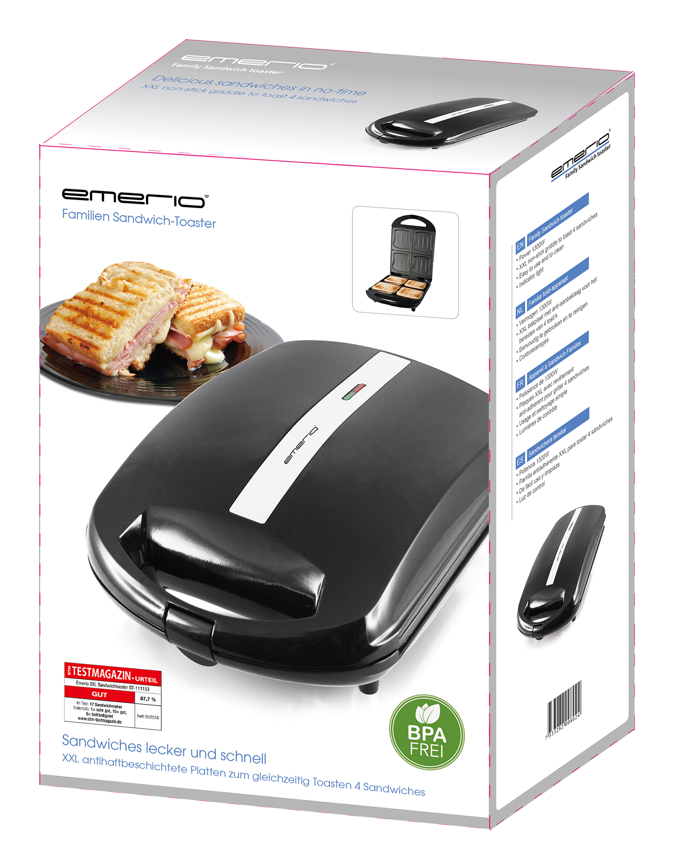 Emerio | Sandwichtoaster XXL Family | 4x Muschelform | Antihaft