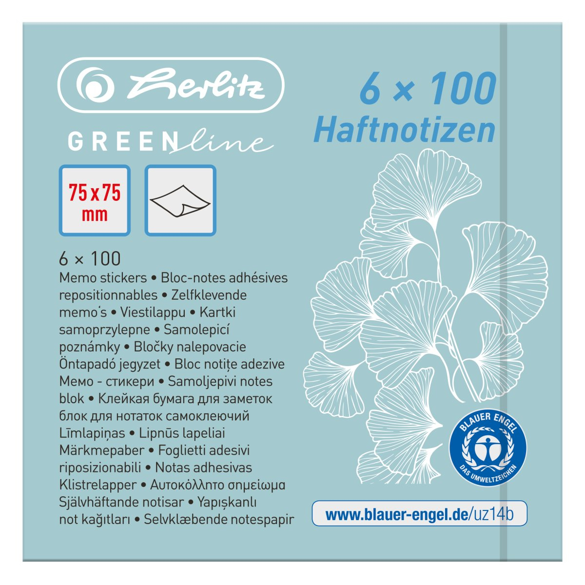 Haftnotizblock 75x75 6x100 Blatt GREENline farbig sortiert