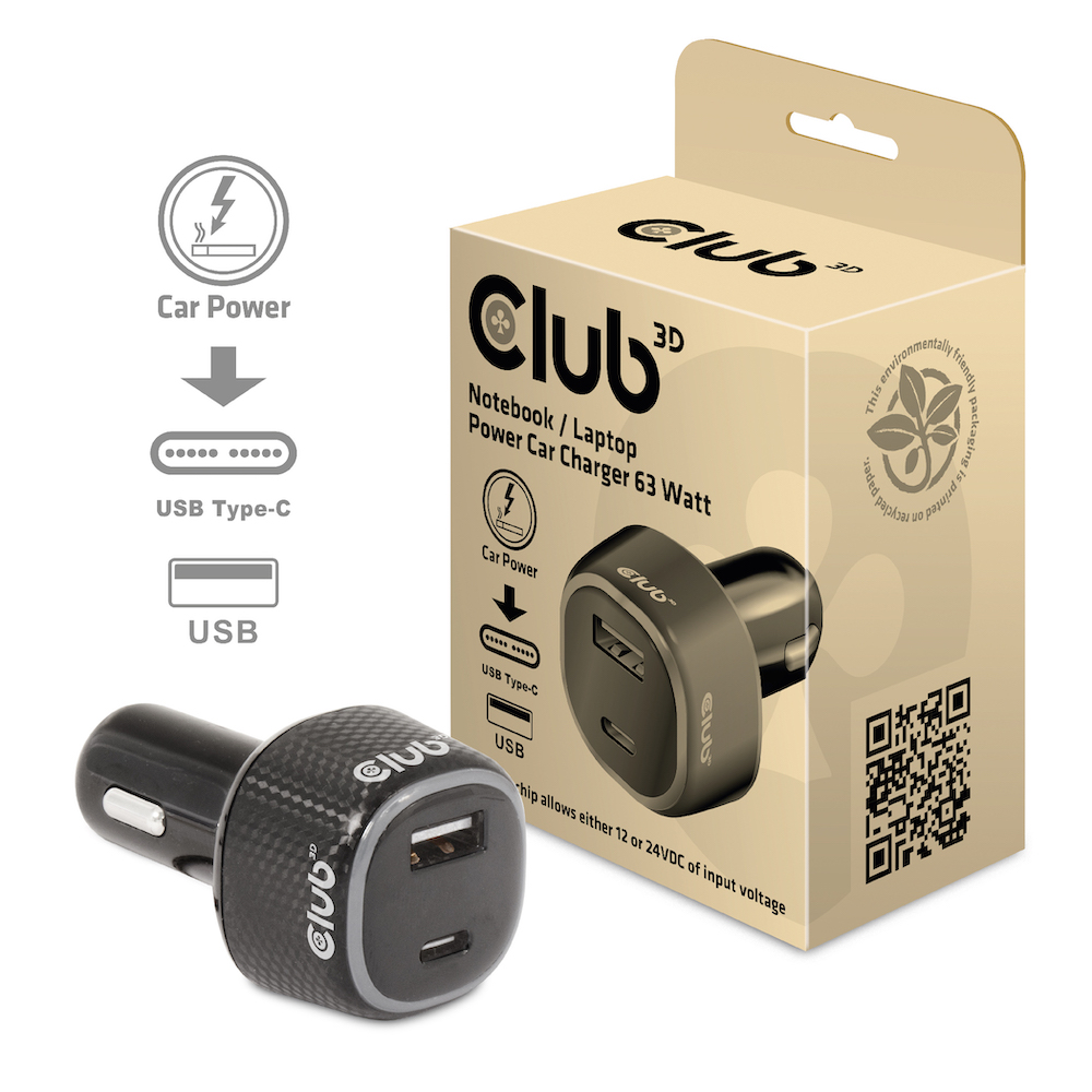 Club3D USB KFZ-Ladegerät 1xUSB C, 1xUSB A, 63W,  12/24V retail