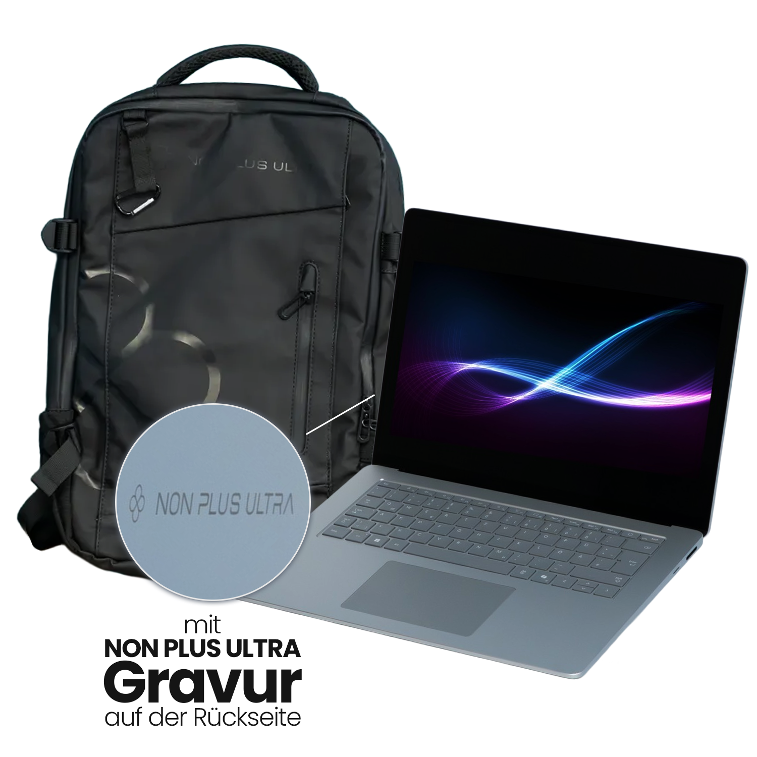 bestehend aus Microsoft Surface Laptop 7 (inkl. Non Plus Ultra Gravur) + Rucksack in schwarz/schwarz