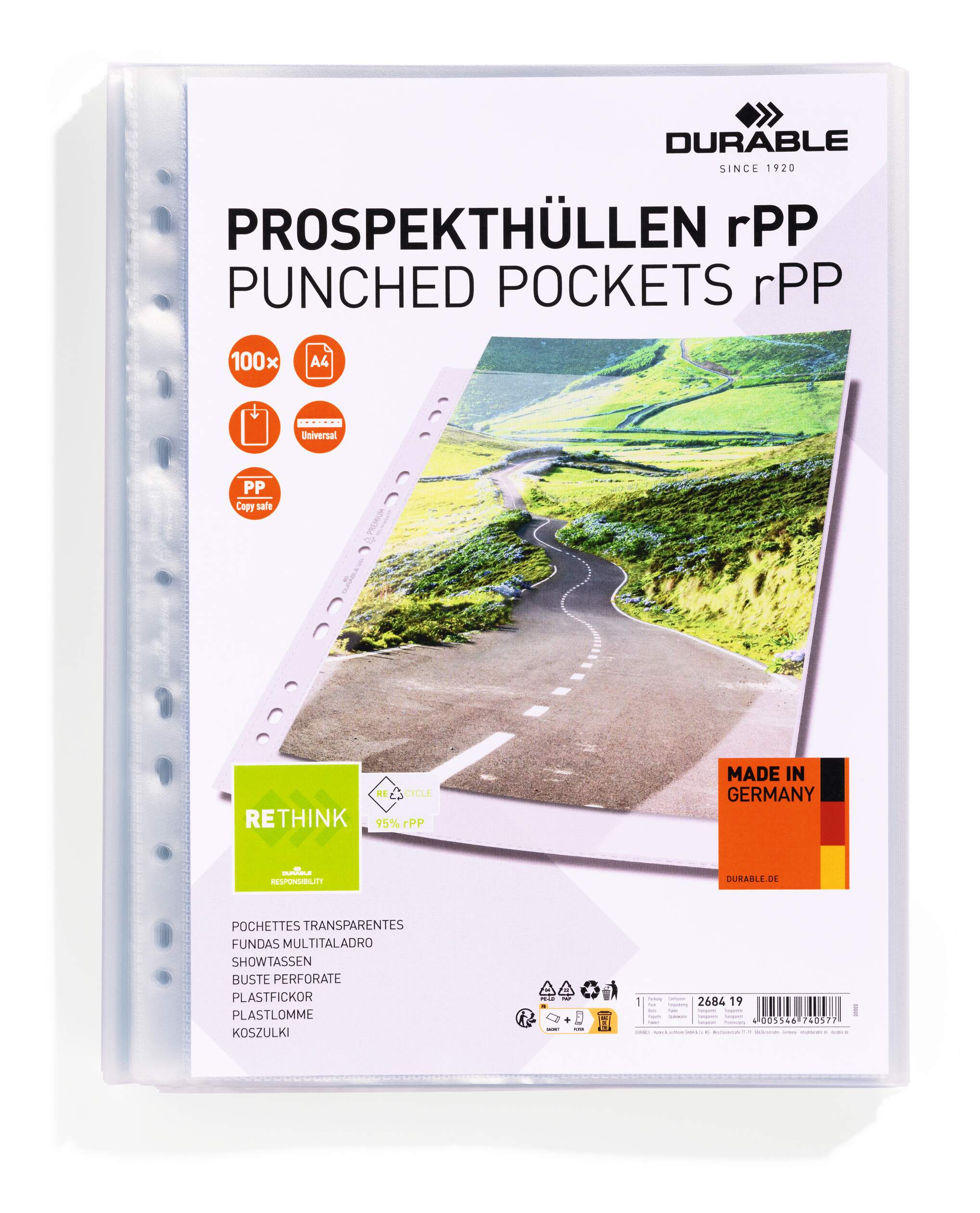 DURABLE Prospekthüllen A4 PREMIUM rPP    100 Stück transpare