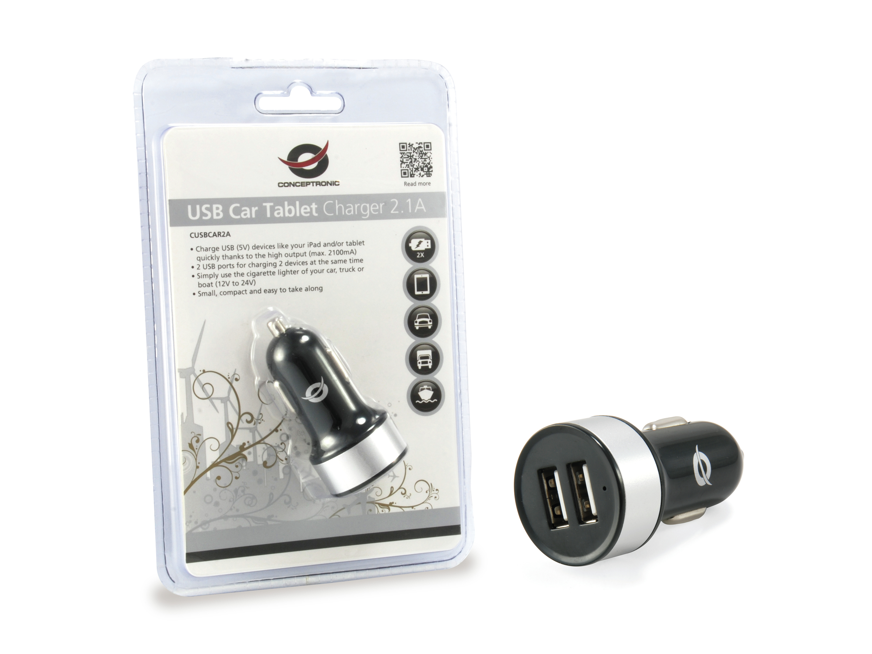 Conceptronic CUSBCAR2A USB Car Tablet Charger 2A - Auto-Netzteil - 2 A - 2 Ausgabeanschlussstellen (USB)