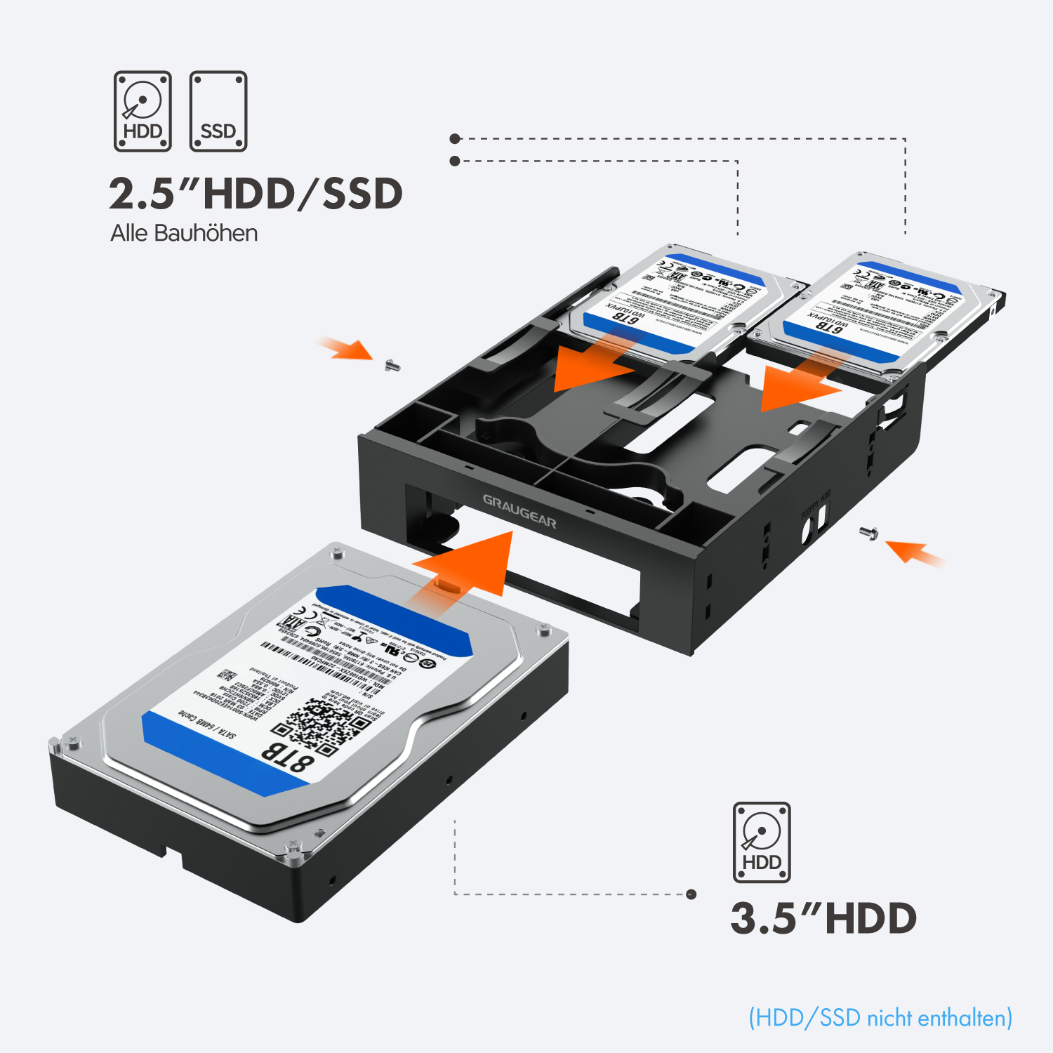 GRAUGEAR Einbaurahmen für 2x 2,5" & 3,5" HDD/SSD in 5,25"