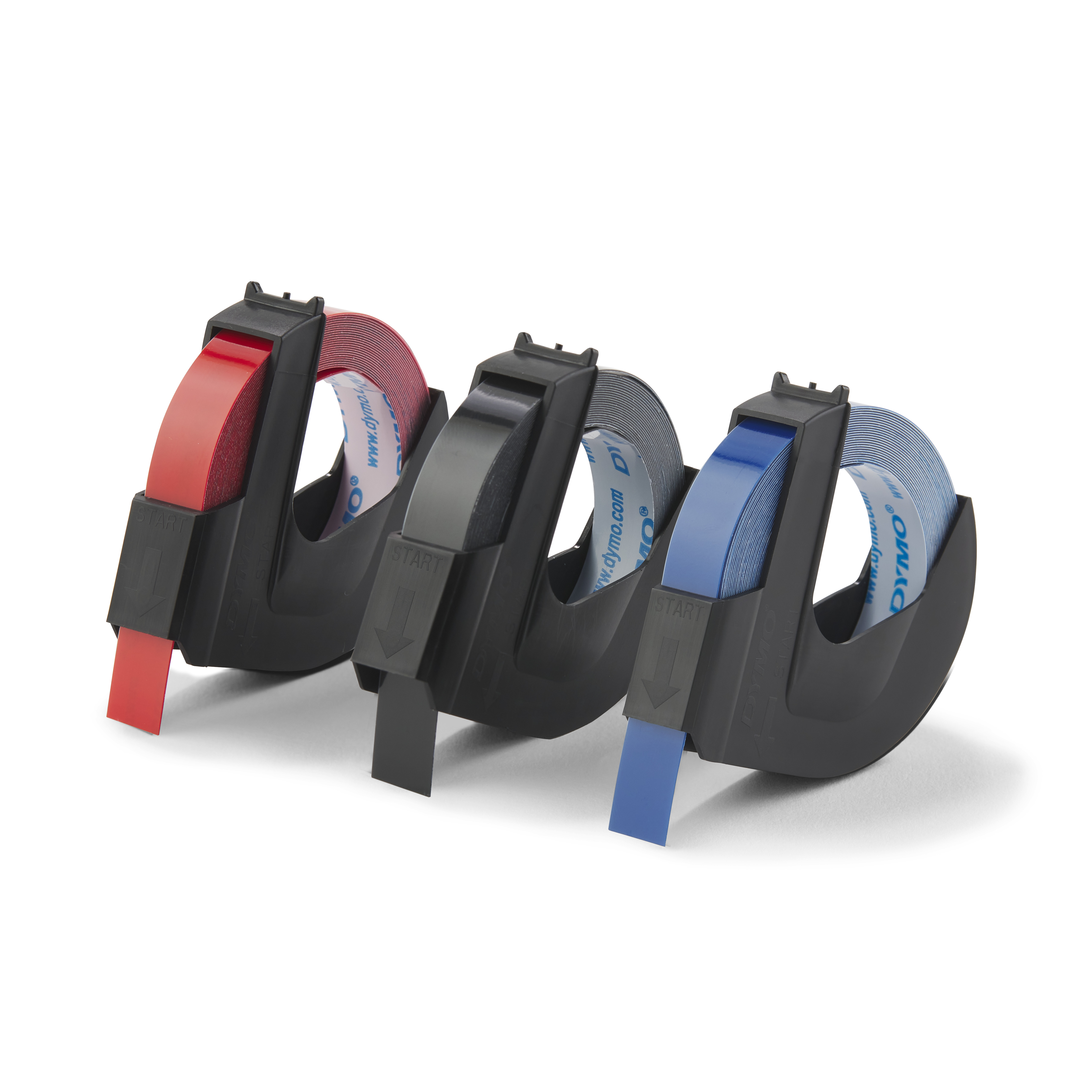 Original Prägeband-StarterSet für OMEGA und JUNIOR | Plastik | je 1 x glänzend schwarz | rot | blau | 9mm x 3m