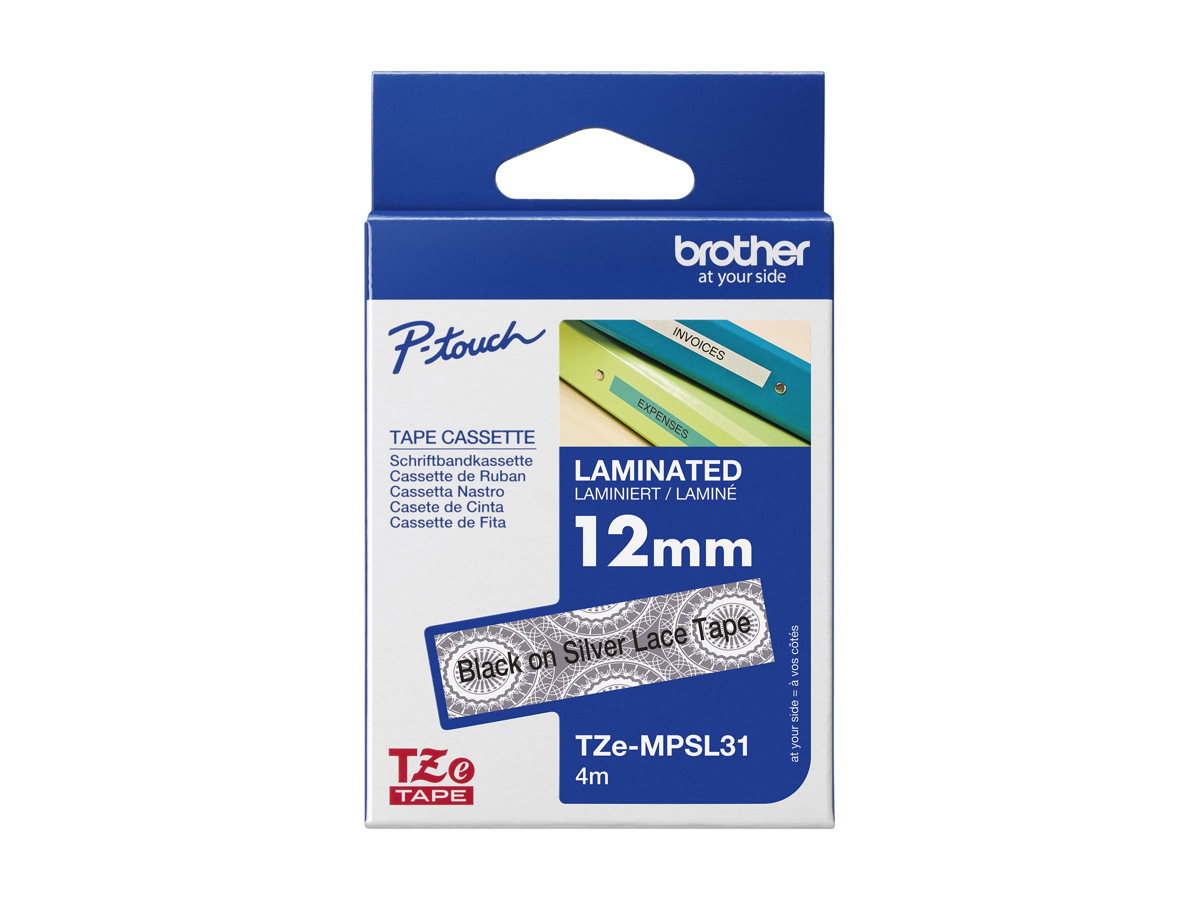 Schriftbandkassette Brother 12mmx4m silber Spitzen/schwarz