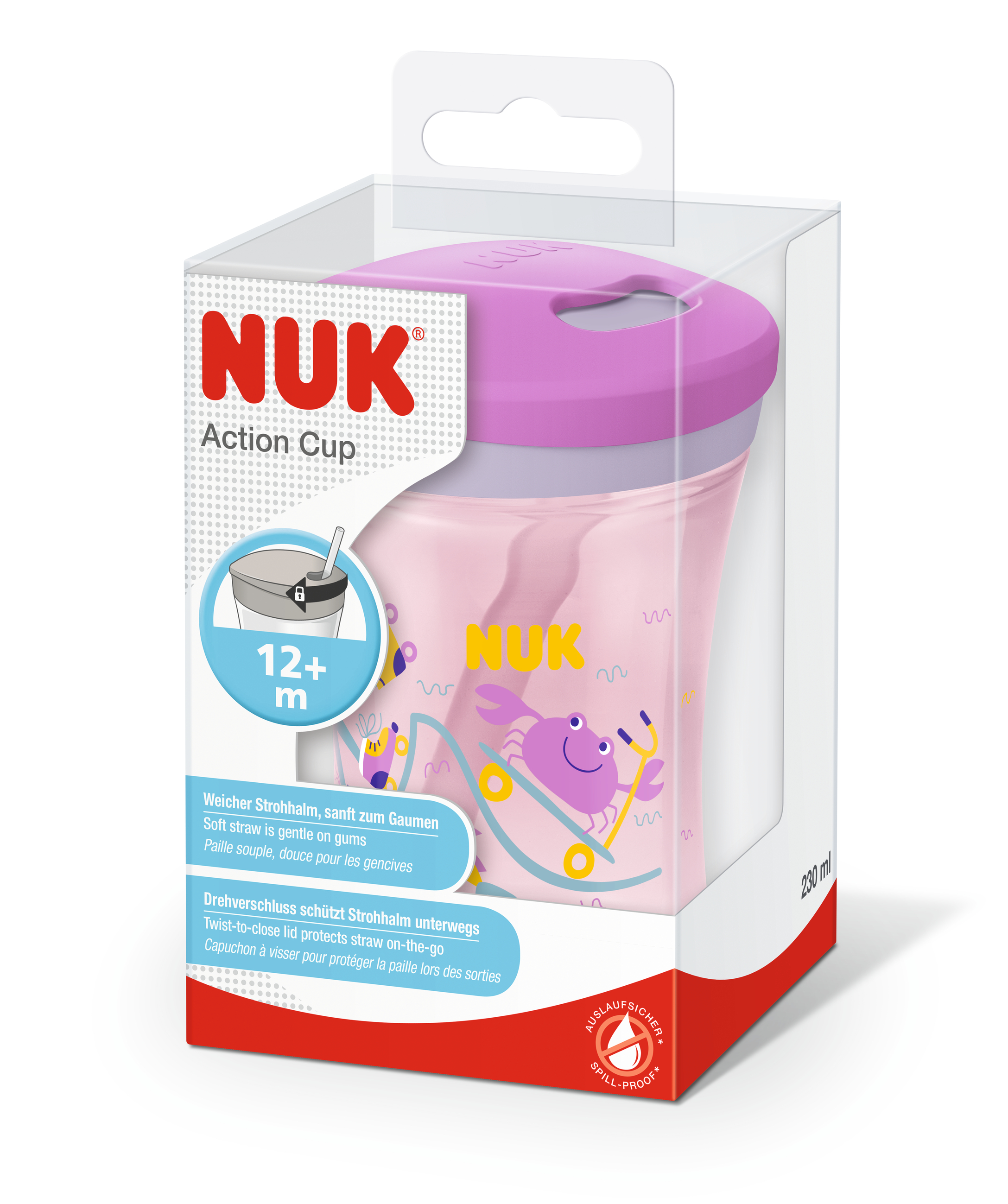 NUK |Trinkbecher Action Cup 230ml rosa mit Trinkhalm ab 12M