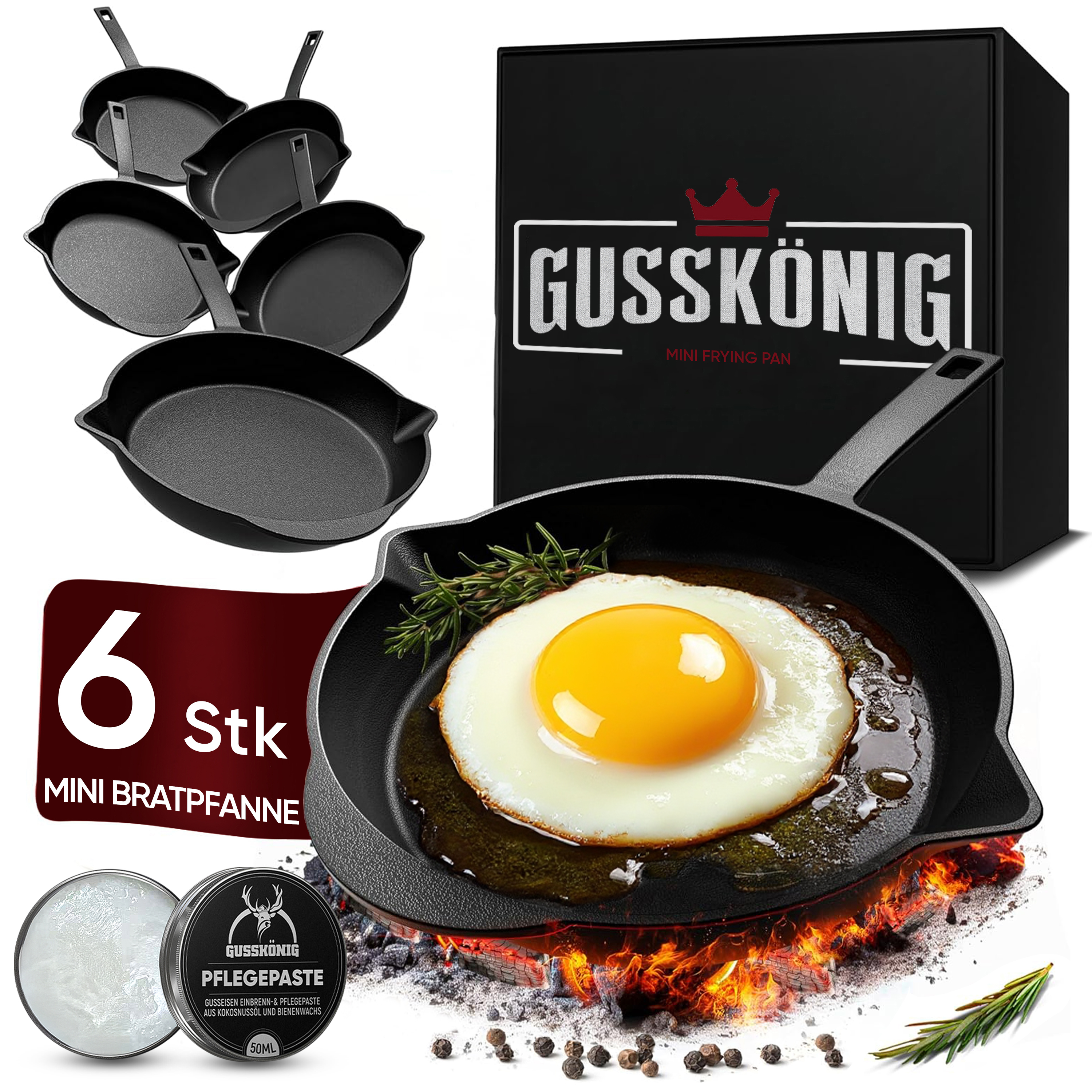 6× Mini Gusseisen-Bratpfannen-Set, je 13,5 cm