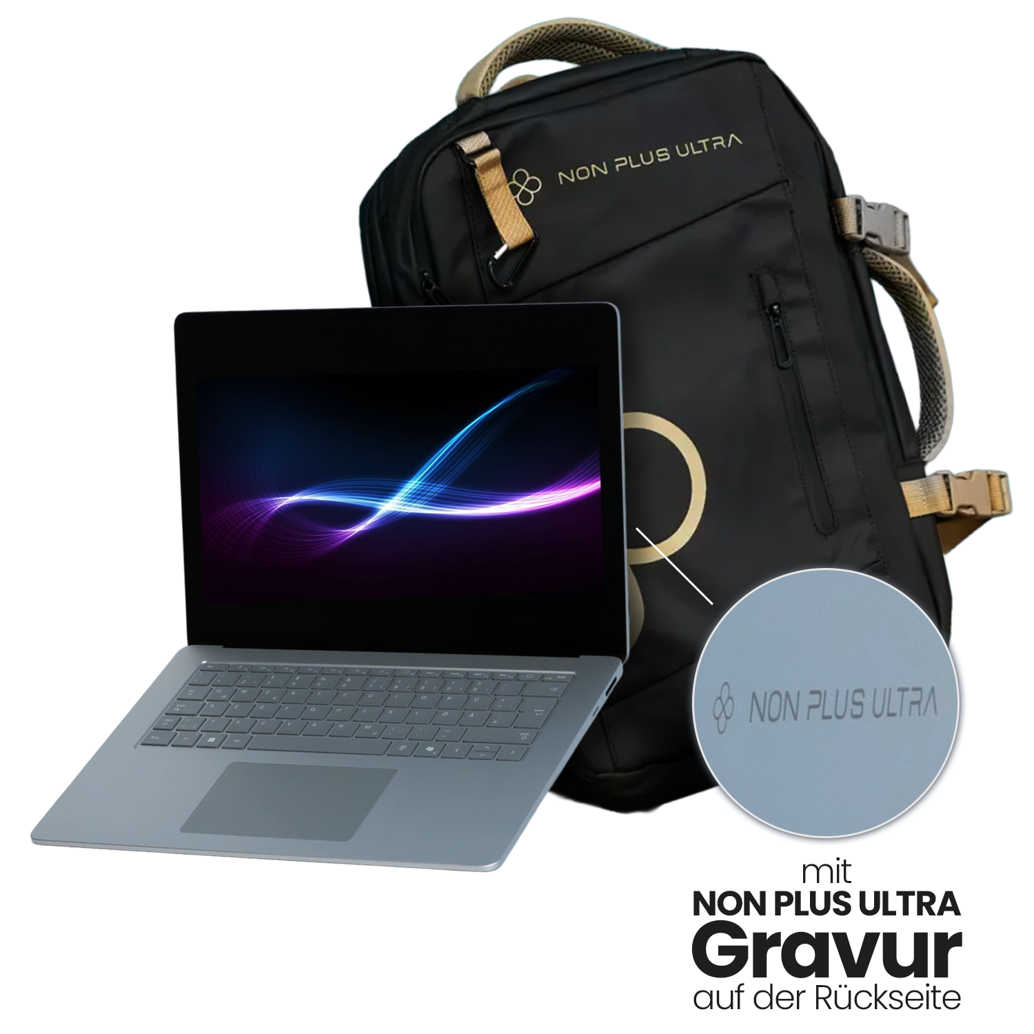 bestehend aus Microsoft Surface Laptop 7 (inkl. Non Plus Ultra Gravur) + Rucksack in schwarz/gold