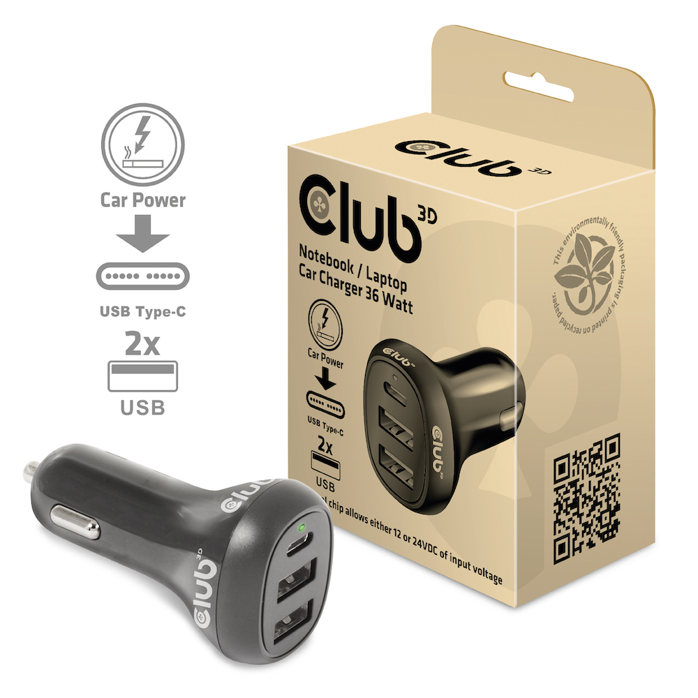 Club3D USB KFZ-Ladegerät 1xUSB C, 2xUSB A, 36W,  12/24V retail
